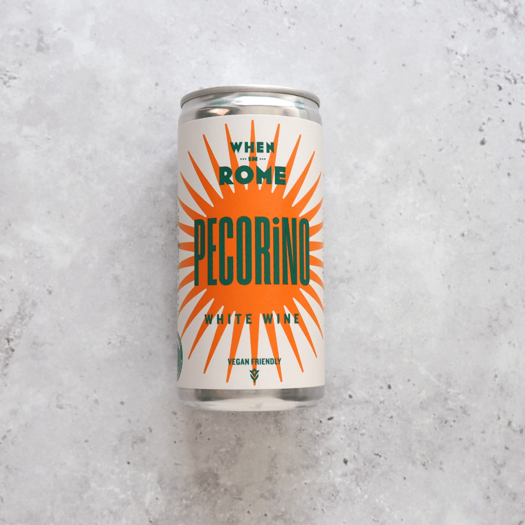 When in Rome Pecorino canned white wine from Italy - 187ml can, crisp and fresh with pear, apple, and herbal notes.