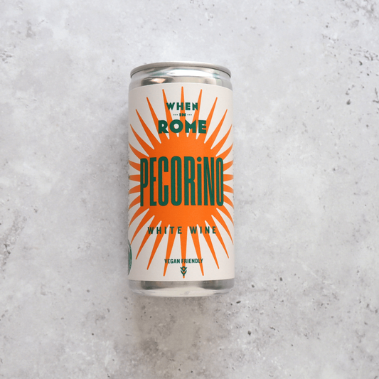 When in Rome Pecorino canned white wine from Italy - 187ml can, crisp and fresh with pear, apple, and herbal notes.