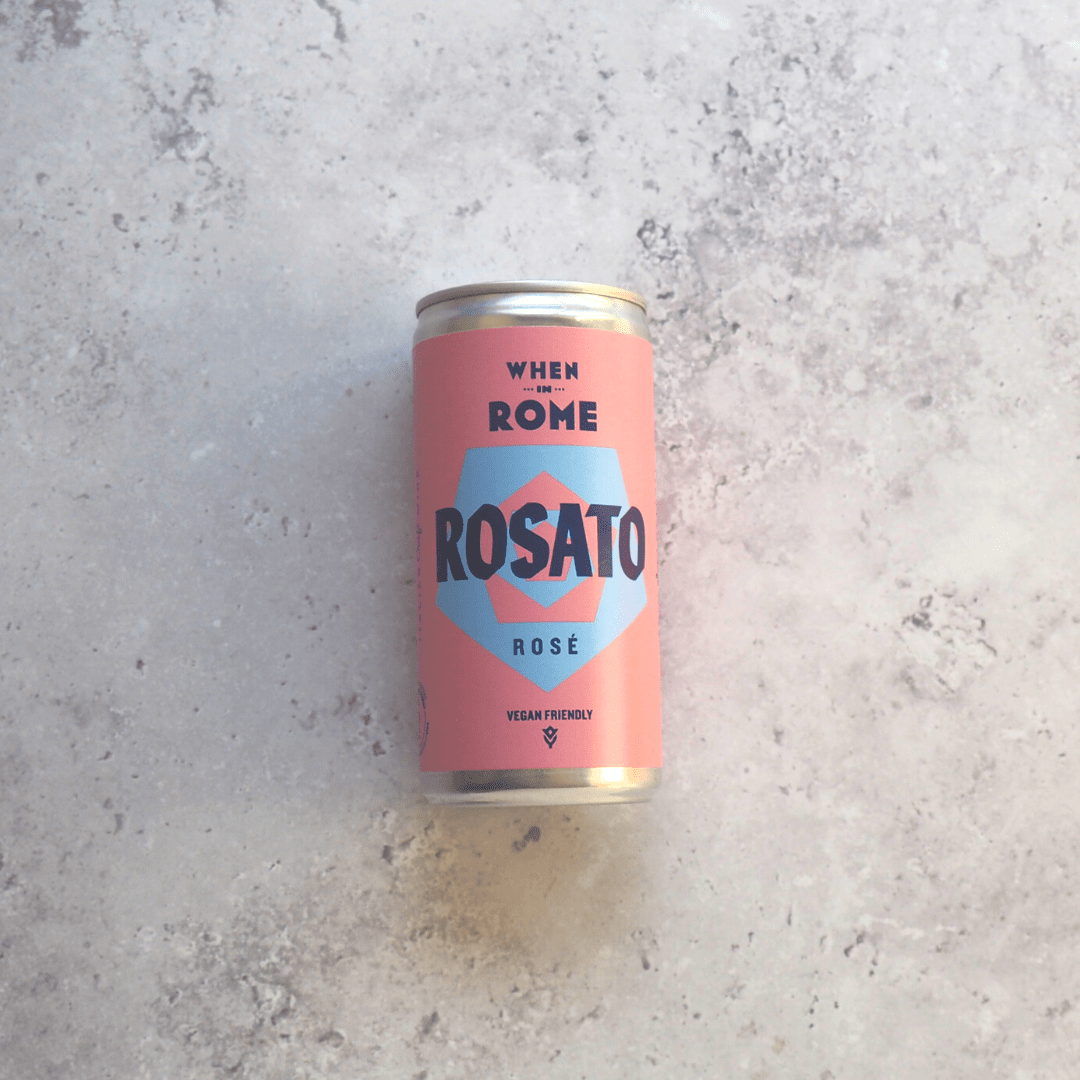 187ml can of When in Rome Rosato, a pale Italian rosé wine from Puglia made from Negroamaro grapes, with notes of strawberry, cherry and summer fruits.